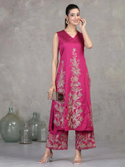 Magenta Floral Embroidered A-Line Co-ord Set