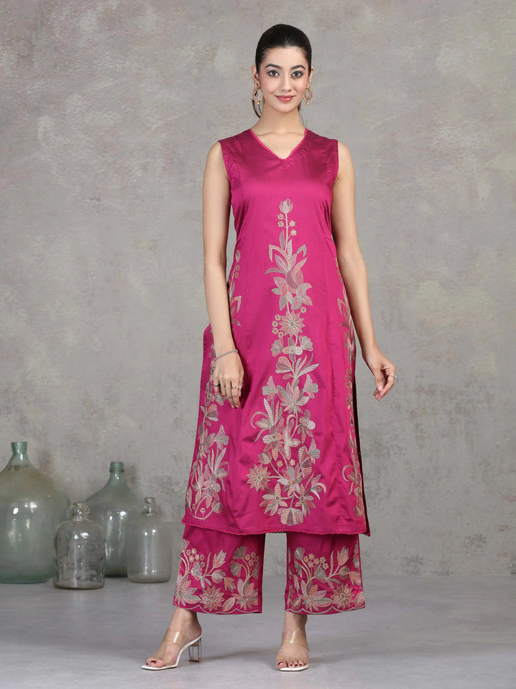 Magenta Floral Embroidered A-Line Co-ord Set