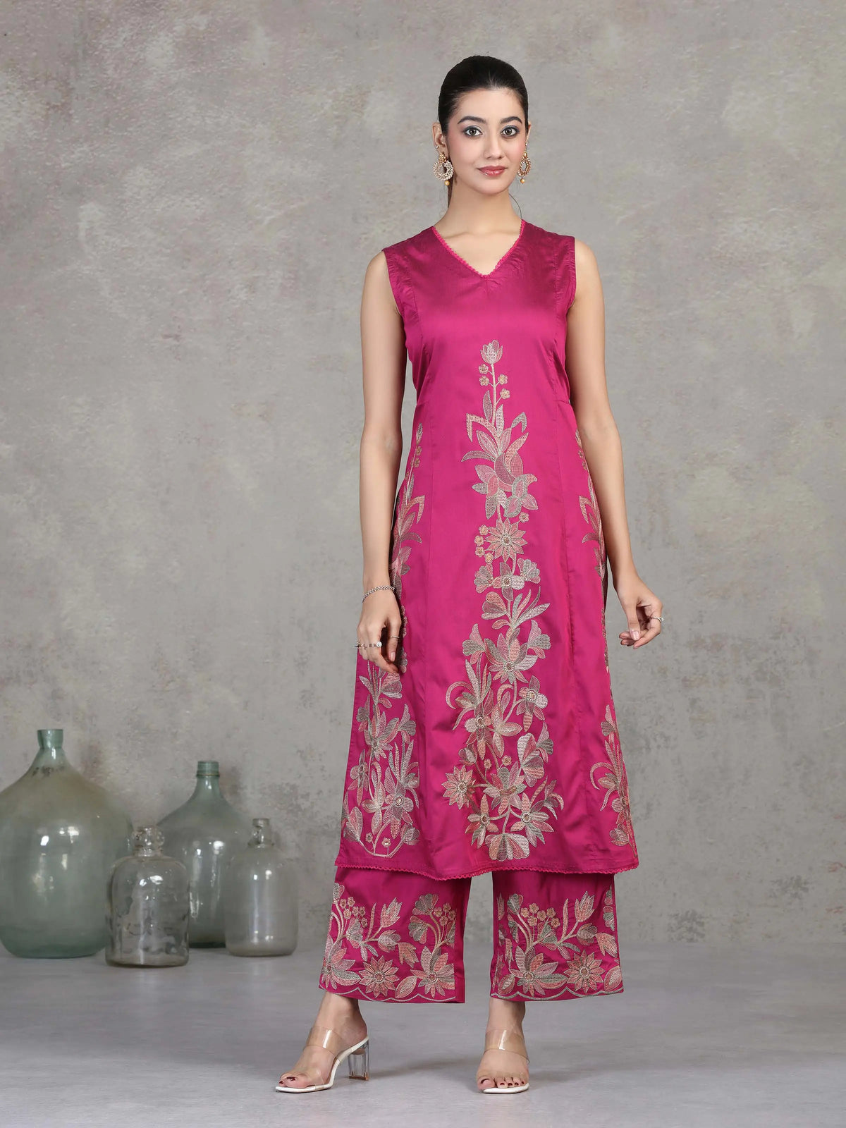 Magenta Floral Embroidered A-Line Co-ord Set