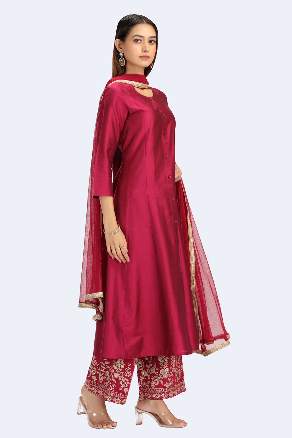 Magenta PolySilk Embroidered A Line Kurta Pant and Dupatta Suit Set