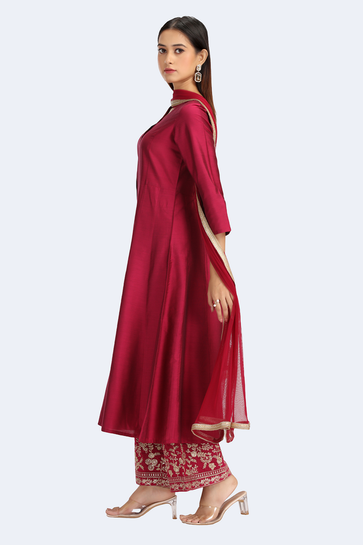 Magenta PolySilk Embroidered A Line Kurta Pant and Dupatta Suit Set