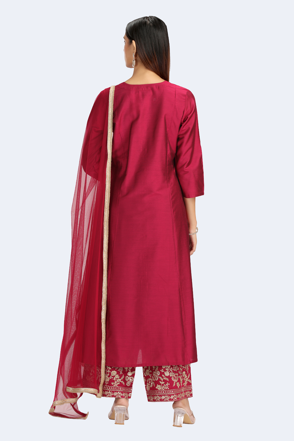 Magenta PolySilk Embroidered A Line Kurta Pant and Dupatta Suit Set