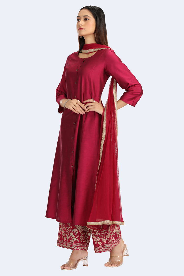 Magenta PolySilk Embroidered A Line Kurta Pant and Dupatta Suit Set