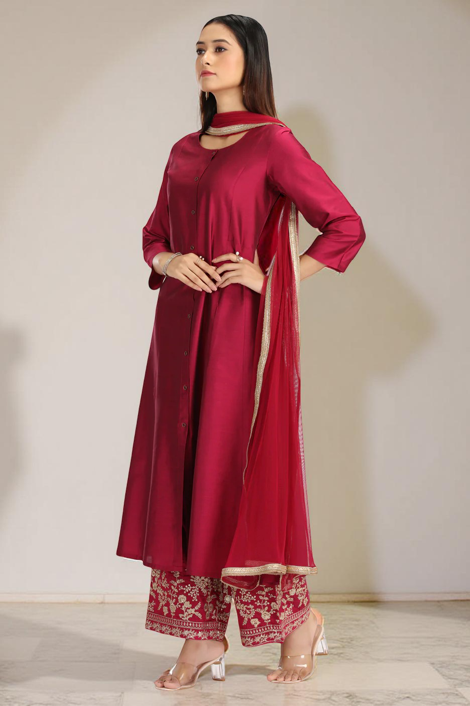 Magenta PolySilk Embroidered A Line Kurta Pant and Dupatta Suit Set