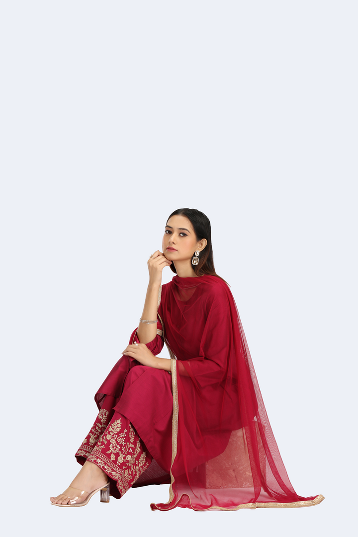 Magenta PolySilk Embroidered A Line Kurta Pant and Dupatta Suit Set