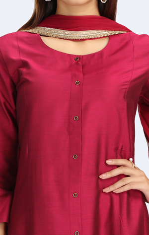 Magenta PolySilk Embroidered A Line Kurta Pant and Dupatta Suit Set