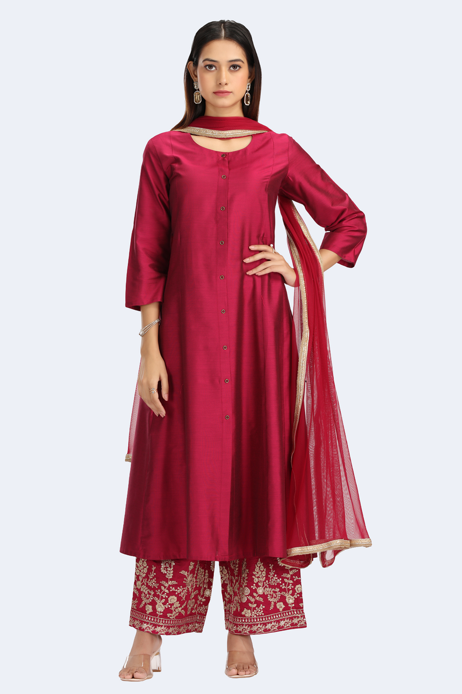Magenta PolySilk Embroidered A Line Kurta Pant and Dupatta Suit Set