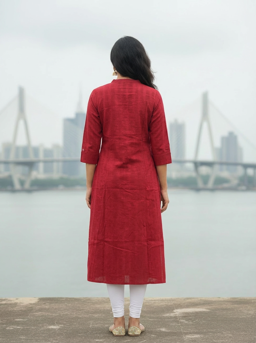 Maroon A Line Solid Cotton Kurta