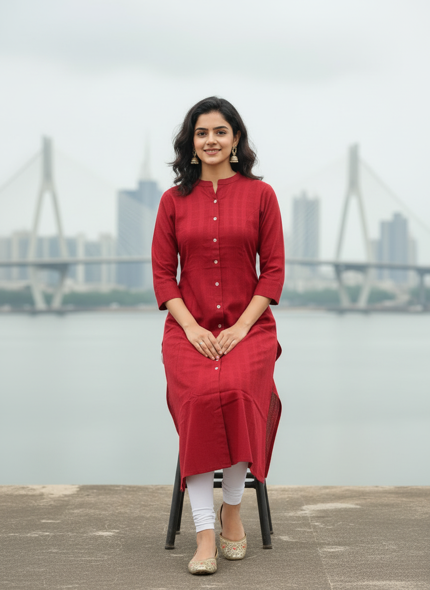 Maroon A Line Solid Cotton Kurta