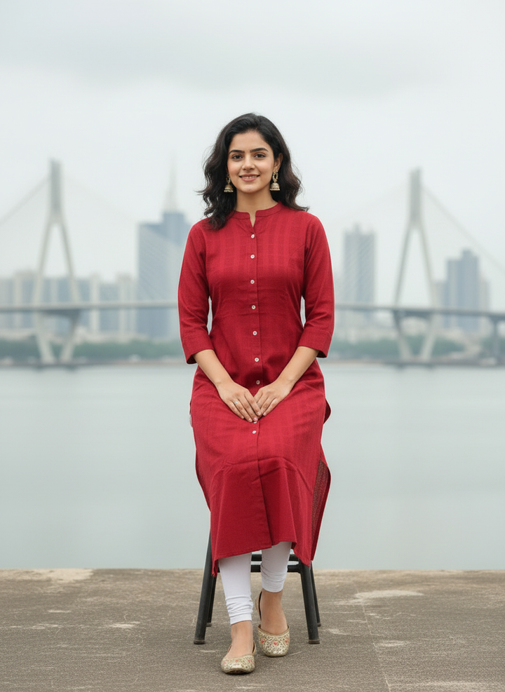 Maroon A Line Solid Cotton Kurta