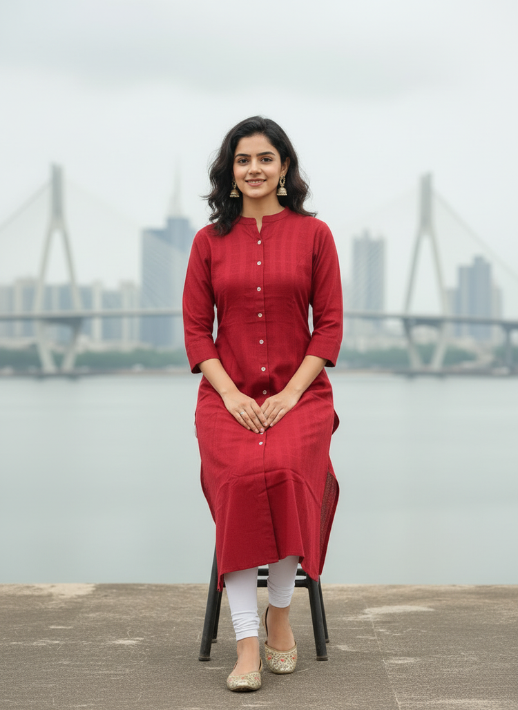 Maroon A Line Solid Cotton Kurta