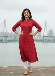 Maroon A Line Solid Cotton Kurta