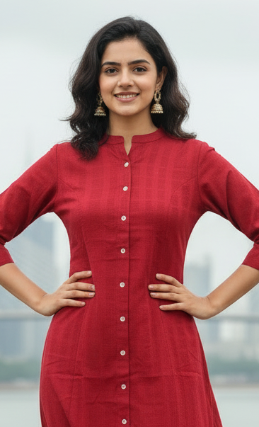 Maroon A Line Solid Cotton Kurta