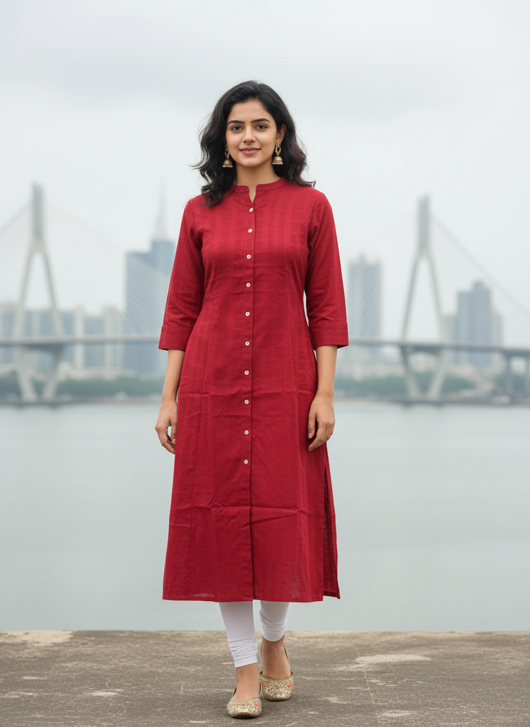 Maroon A Line Solid Cotton Kurta