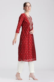 Maroon Chanderi Embroidered Straight Kurta