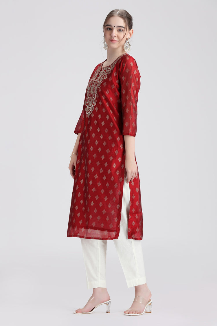 Maroon Chanderi Embroidered Straight Kurta