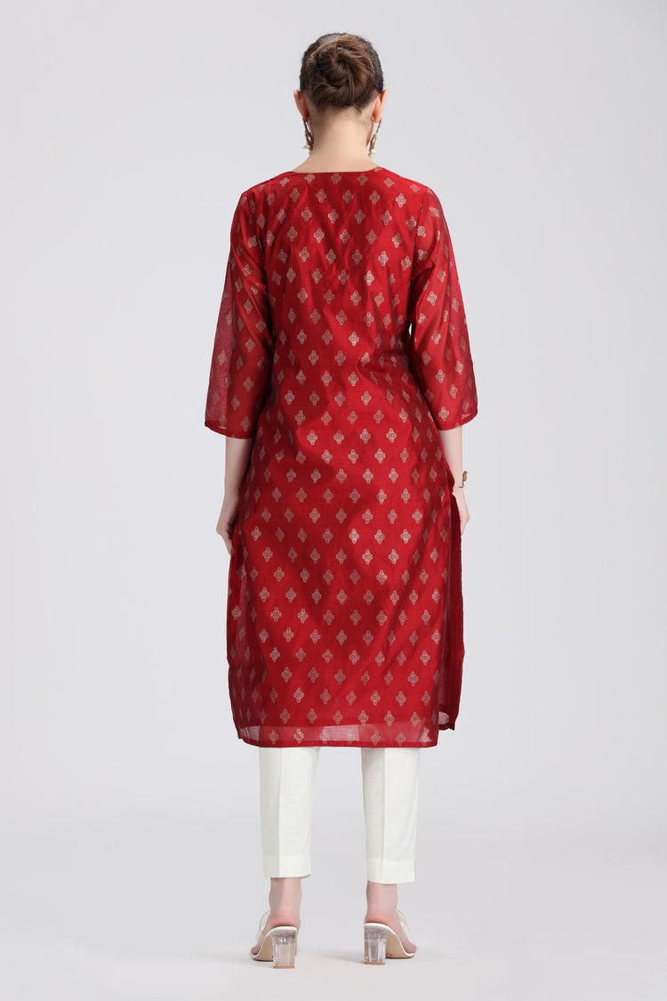 Maroon Chanderi Embroidered Straight Kurta