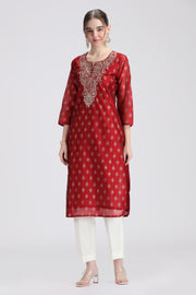 Maroon Chanderi Embroidered Straight Kurta