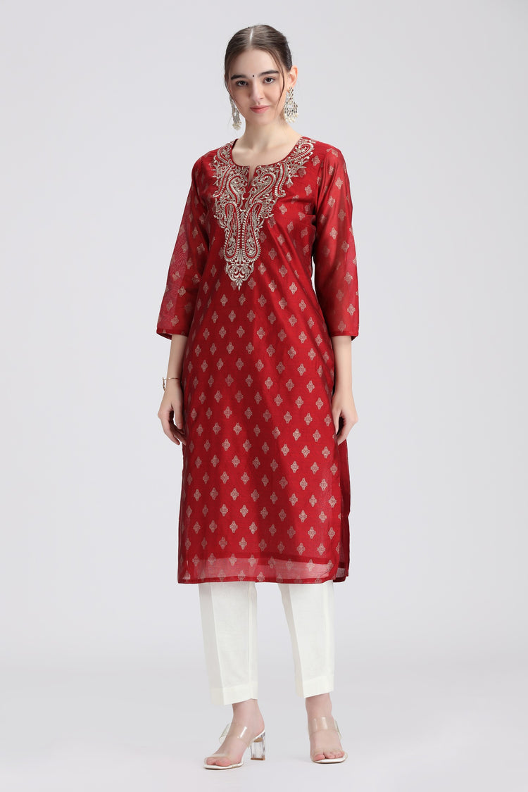 Maroon Chanderi Embroidered Straight Kurta
