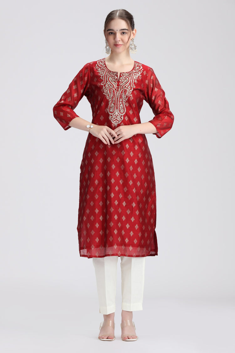 Maroon Chanderi Embroidered Straight Kurta
