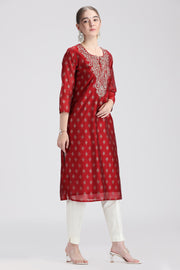 Maroon Chanderi Embroidered Straight Kurta