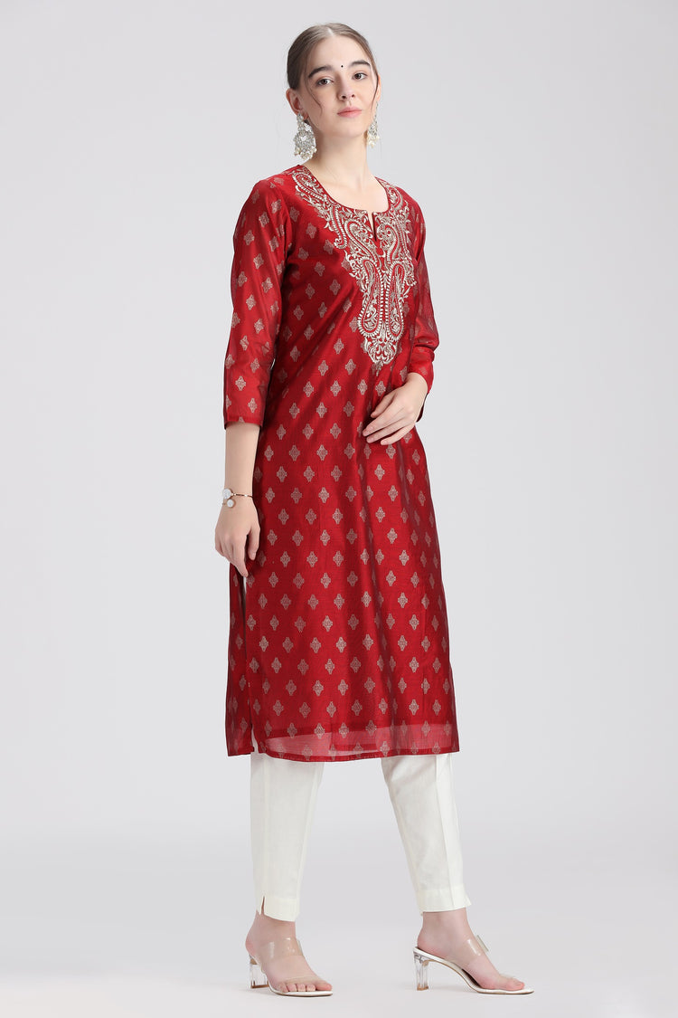 Maroon Chanderi Embroidered Straight Kurta