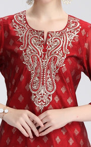Maroon Chanderi Embroidered Straight Kurta
