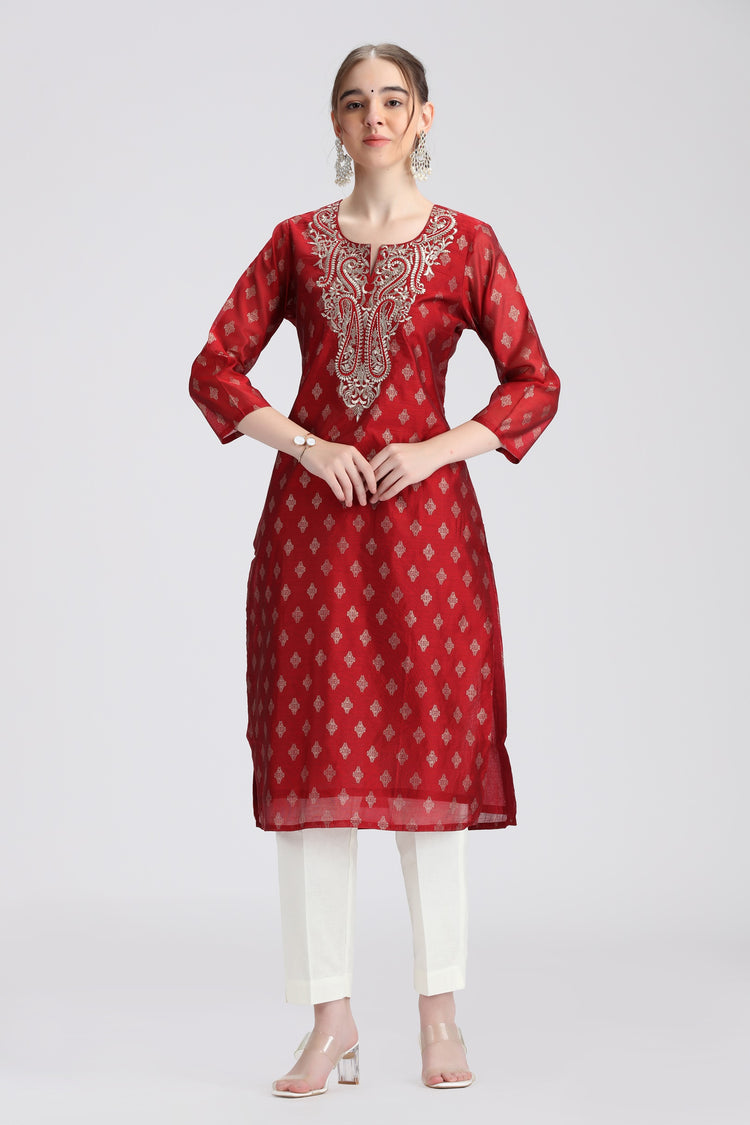 Maroon Chanderi Embroidered Straight Kurta