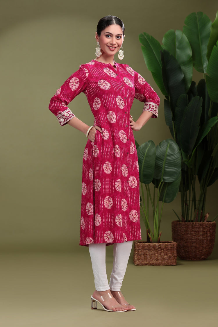 Bright Pink Cotton Printed Straight Kurta