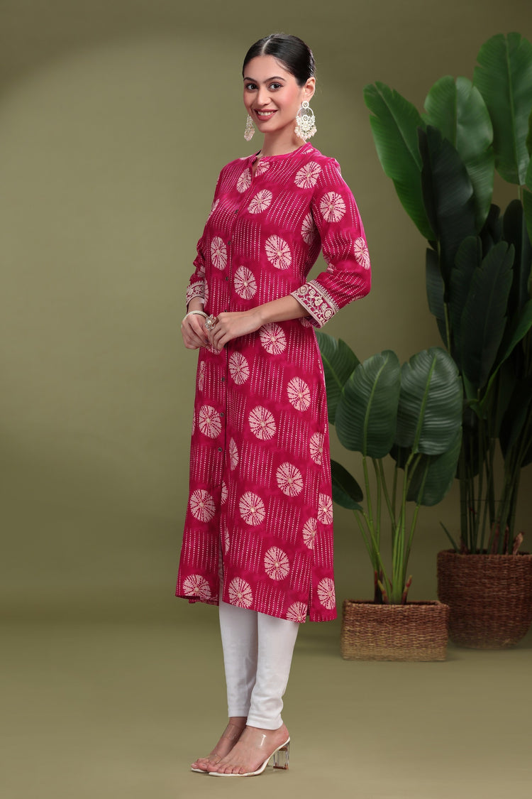 Bright Pink Cotton Printed Straight Kurta