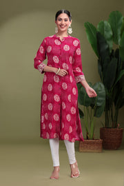 Bright Pink Cotton Printed Straight Kurta