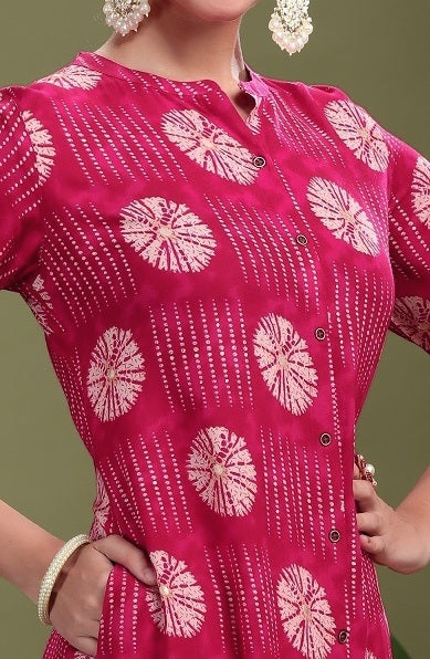 Bright Pink Cotton Printed Straight Kurta