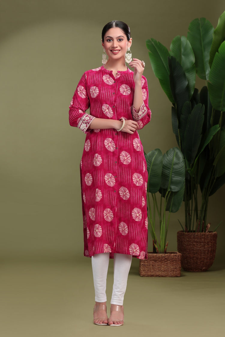 Bright Pink Cotton Printed Straight Kurta