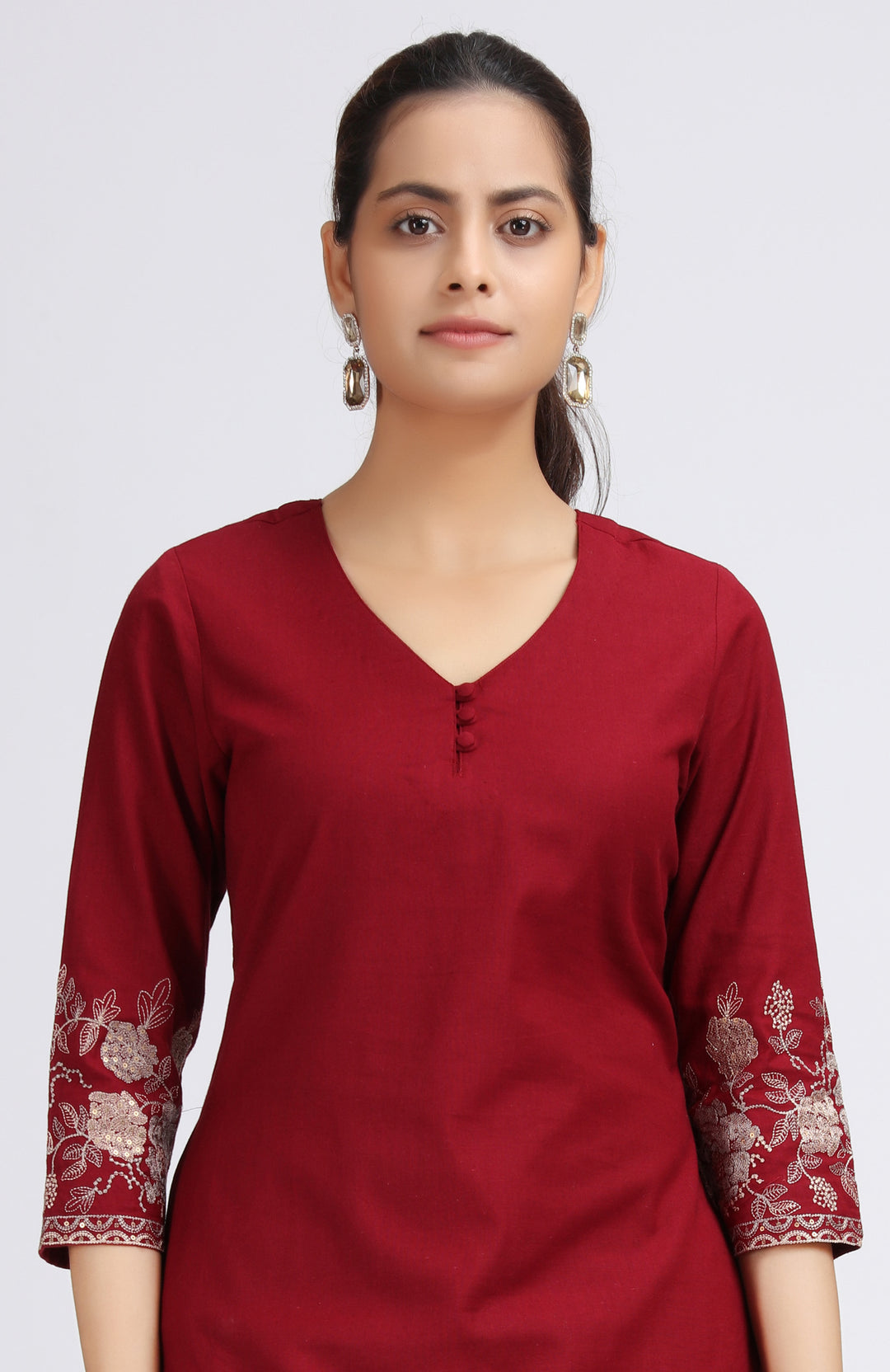 Maroon Cotton Flex Embroidered Straight Kurta