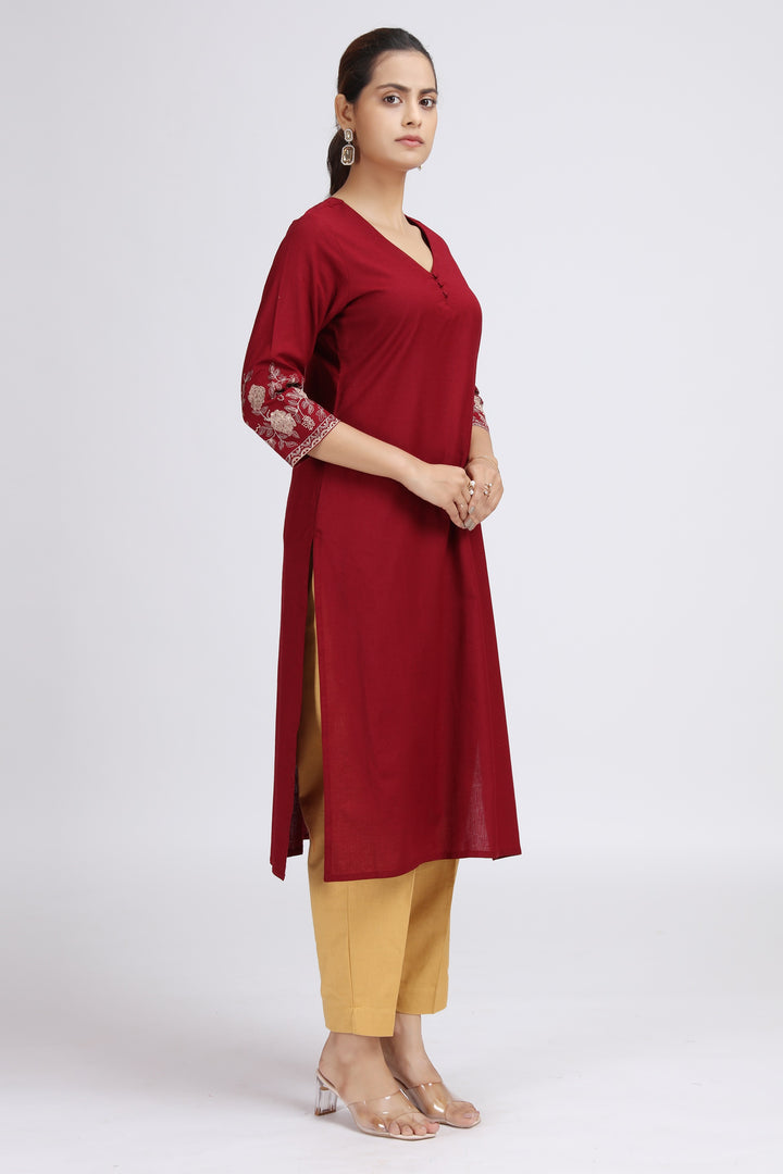 Maroon Cotton Flex Embroidered Straight Kurta for women
