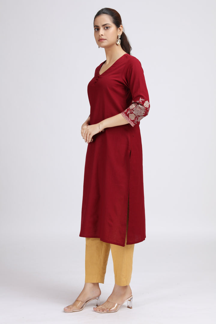 Maroon Cotton Flex Embroidered Straight Kurta for women