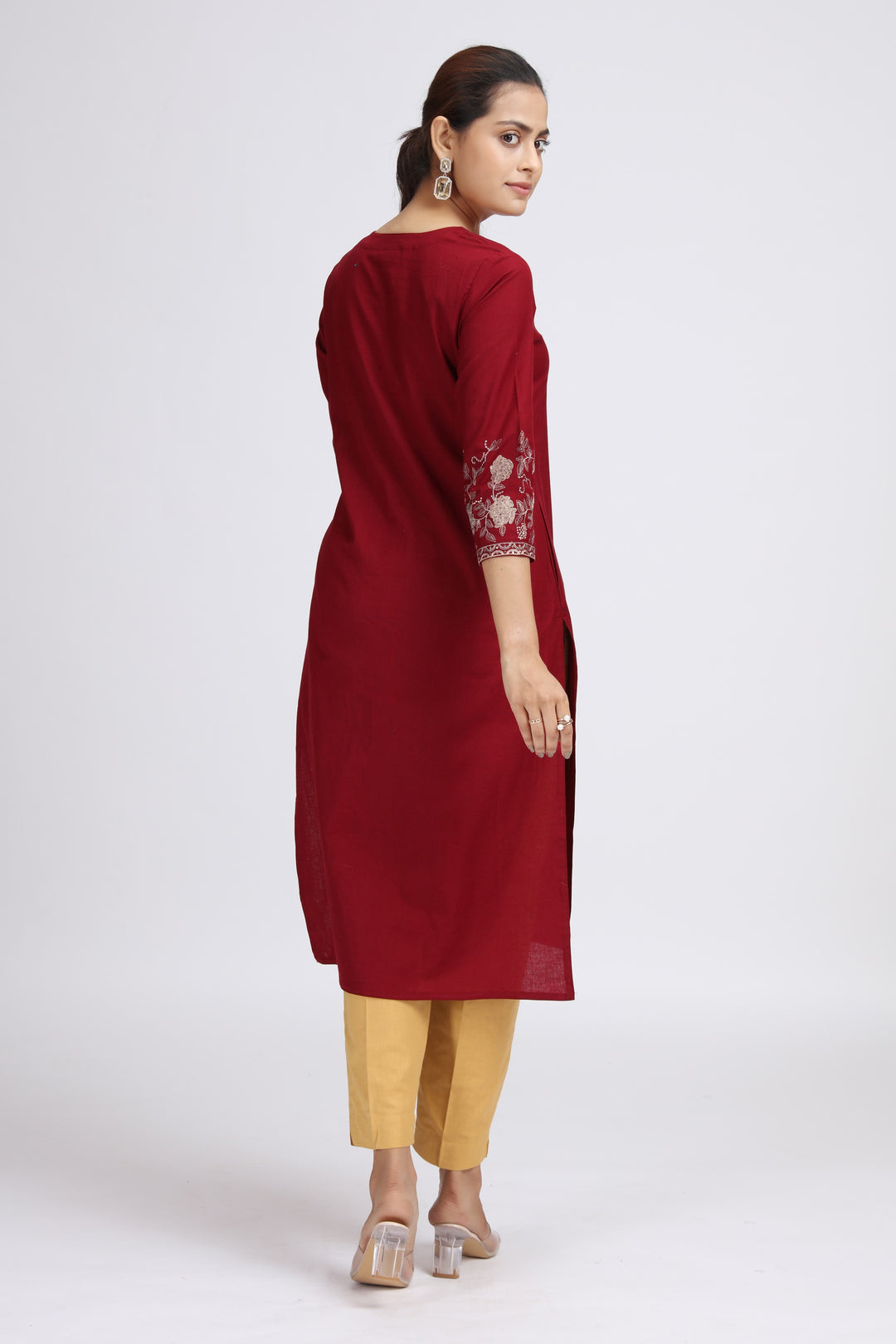 Maroon Cotton Flex Embroidered Straight Kurta for women