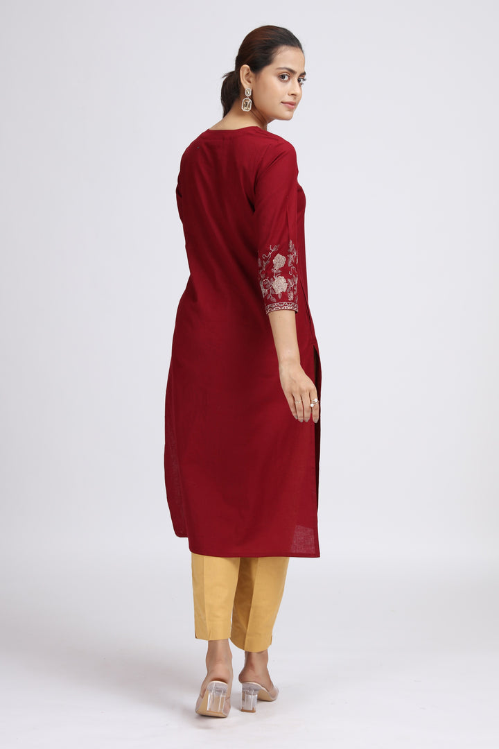 Maroon Cotton Flex Embroidered Straight Kurta for women