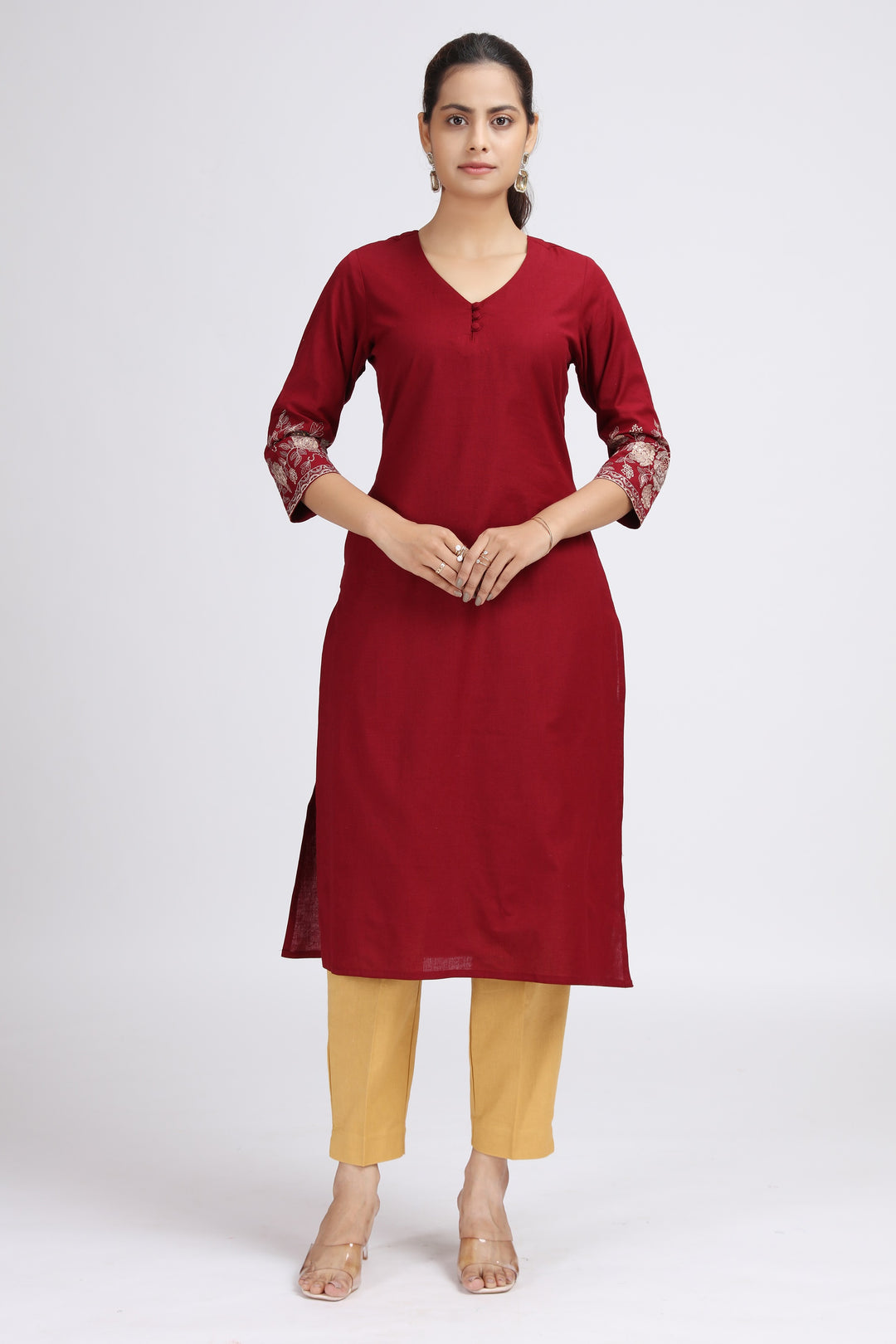 Maroon Cotton Flex Embroidered Straight Kurta for women