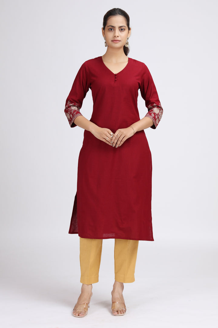 Maroon Cotton Flex Embroidered Straight Kurta for women