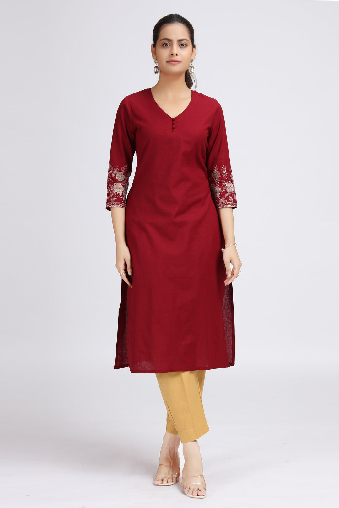 Maroon Cotton Flex Embroidered Straight Kurta for women