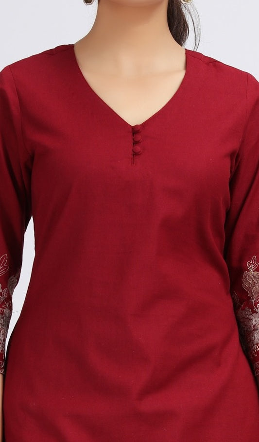 Maroon Cotton Flex Embroidered Straight Kurta for women
