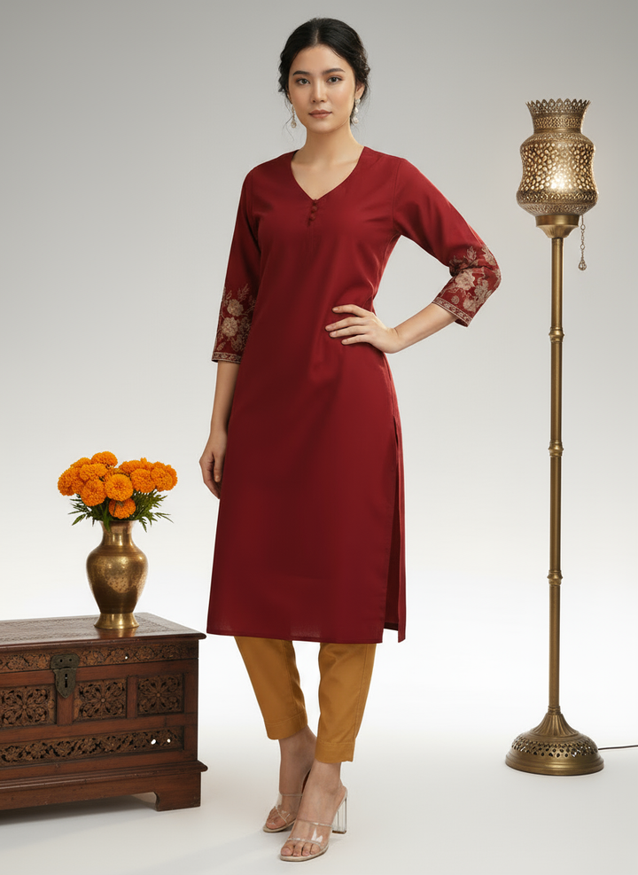 Maroon Cotton Flex Embroidered Straight Kurta