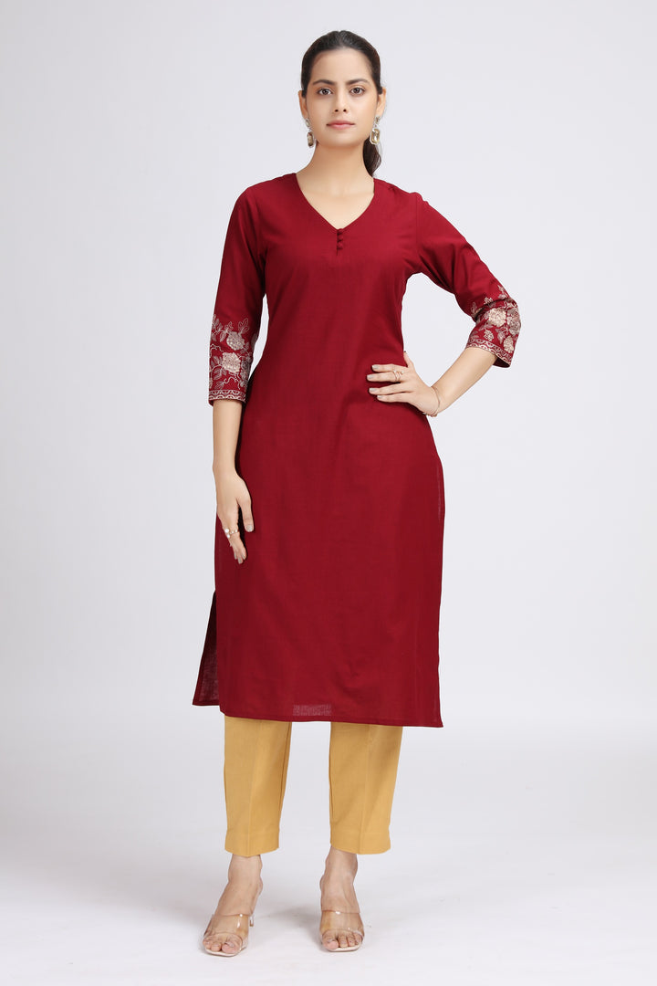 Maroon Cotton Flex Embroidered Straight Kurta for women