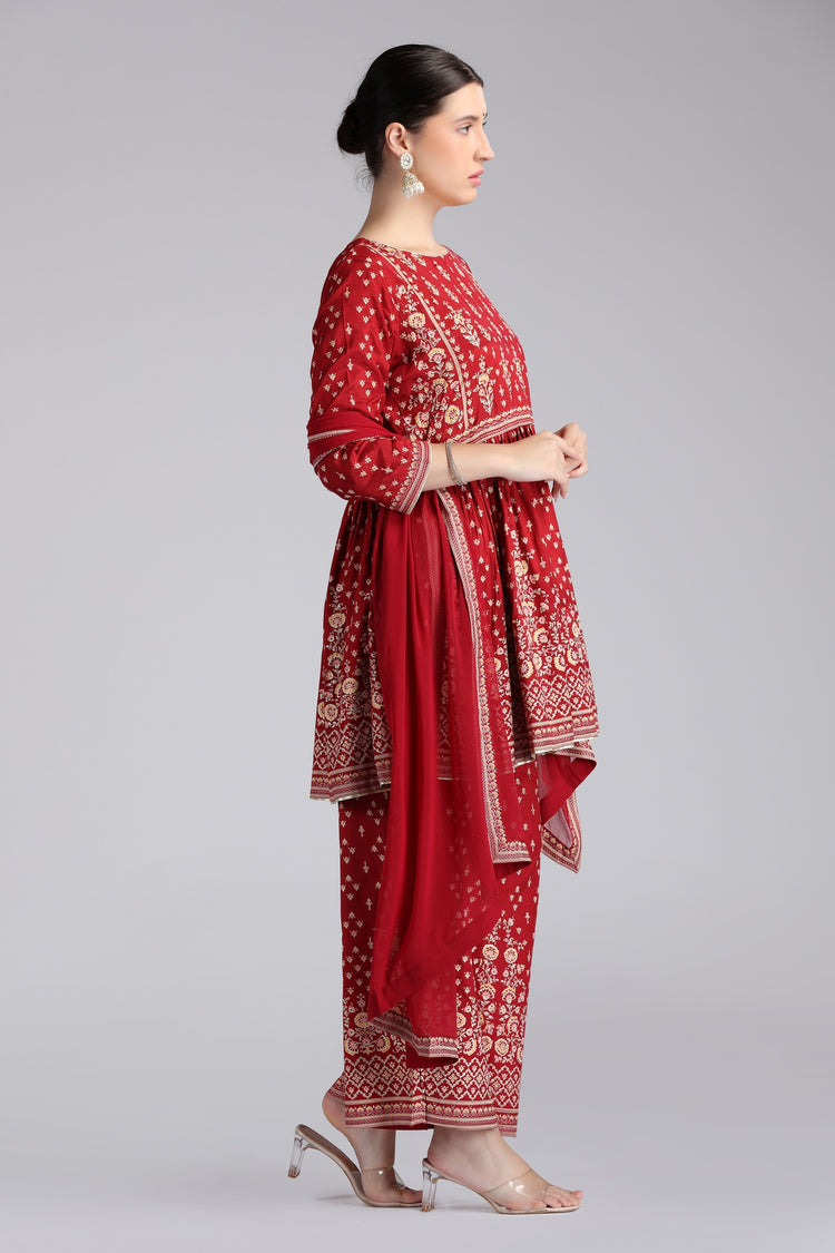 Maroon Santoon Printed Gathered Kurta Pant and Dupatta Suit Set