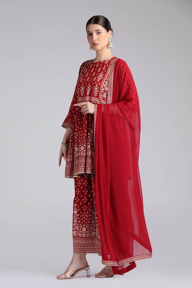 Maroon Santoon Printed Gathered Kurta Pant and Dupatta Suit Set