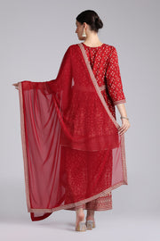 Maroon Santoon Printed Gathered Kurta Pant and Dupatta Suit Set