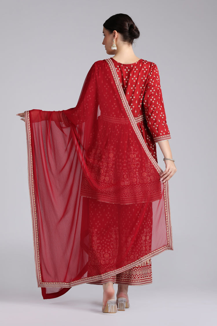 Maroon Santoon Printed Gathered Kurta Pant and Dupatta Suit Set