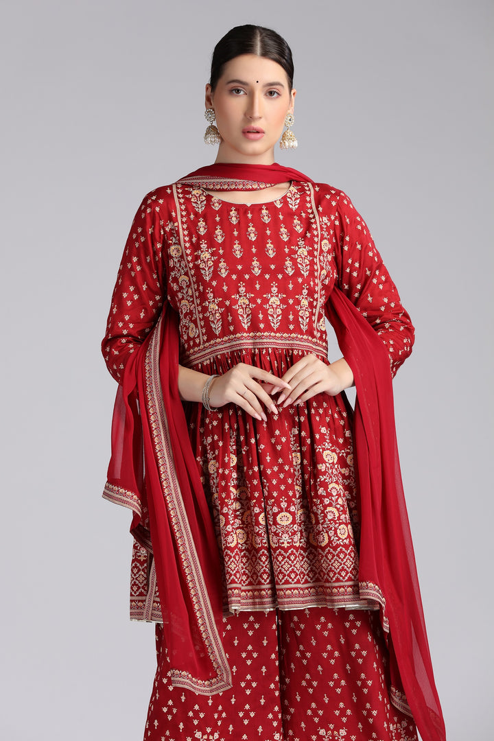 Maroon Santoon Printed Gathered Kurta Pant and Dupatta Suit Set