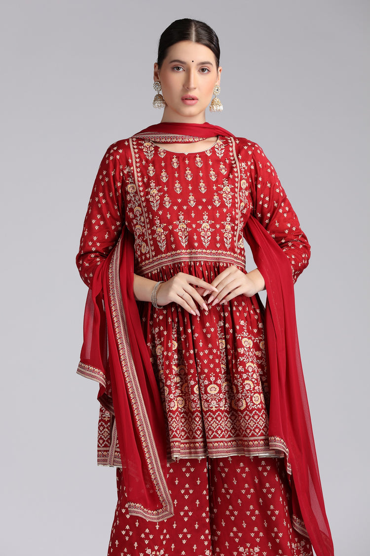 Maroon Santoon Printed Gathered Kurta Pant and Dupatta Suit Set